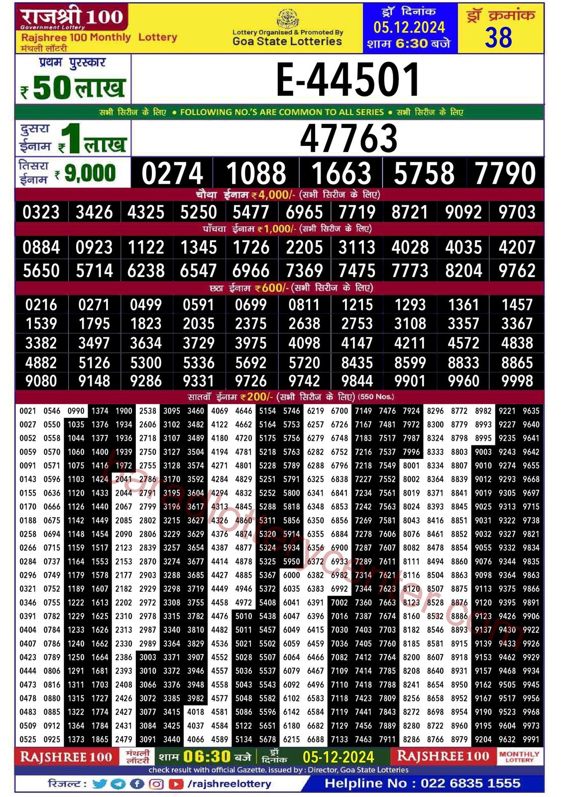 Rajshree 100 Monthly Lottery Result Draw Date 5-12-24 6-30PM lottery result